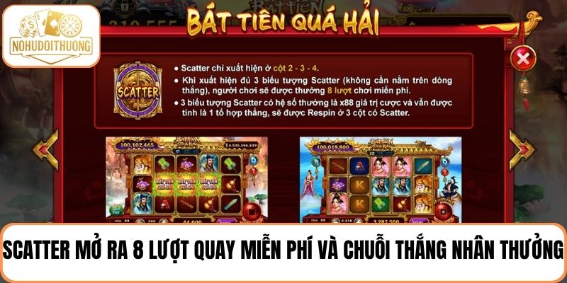 Biểu tượng Scatter mở ra 8 lượt quay miễn phí và chuỗi thắng nhân thưởng