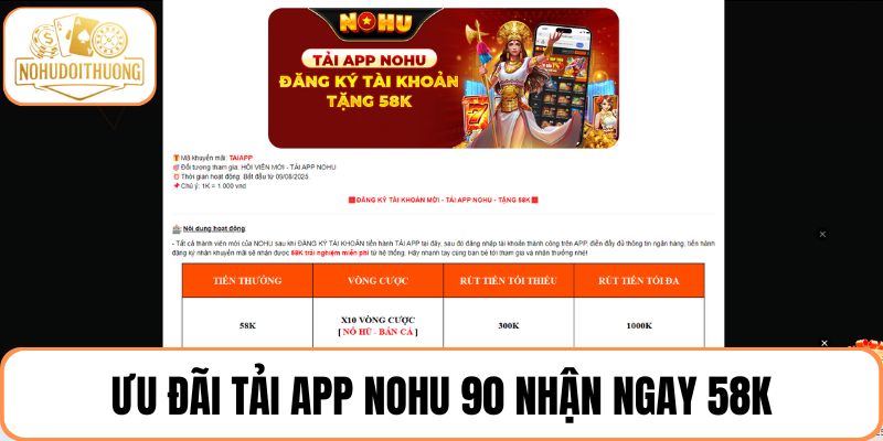 Khuyến mãi tải app NOHU 90 nhận ngay 58K