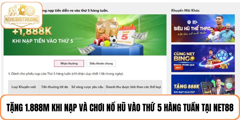 Tặng 1.888M khi nạp vào ngày thứ 5 hàng tuần tại NET88